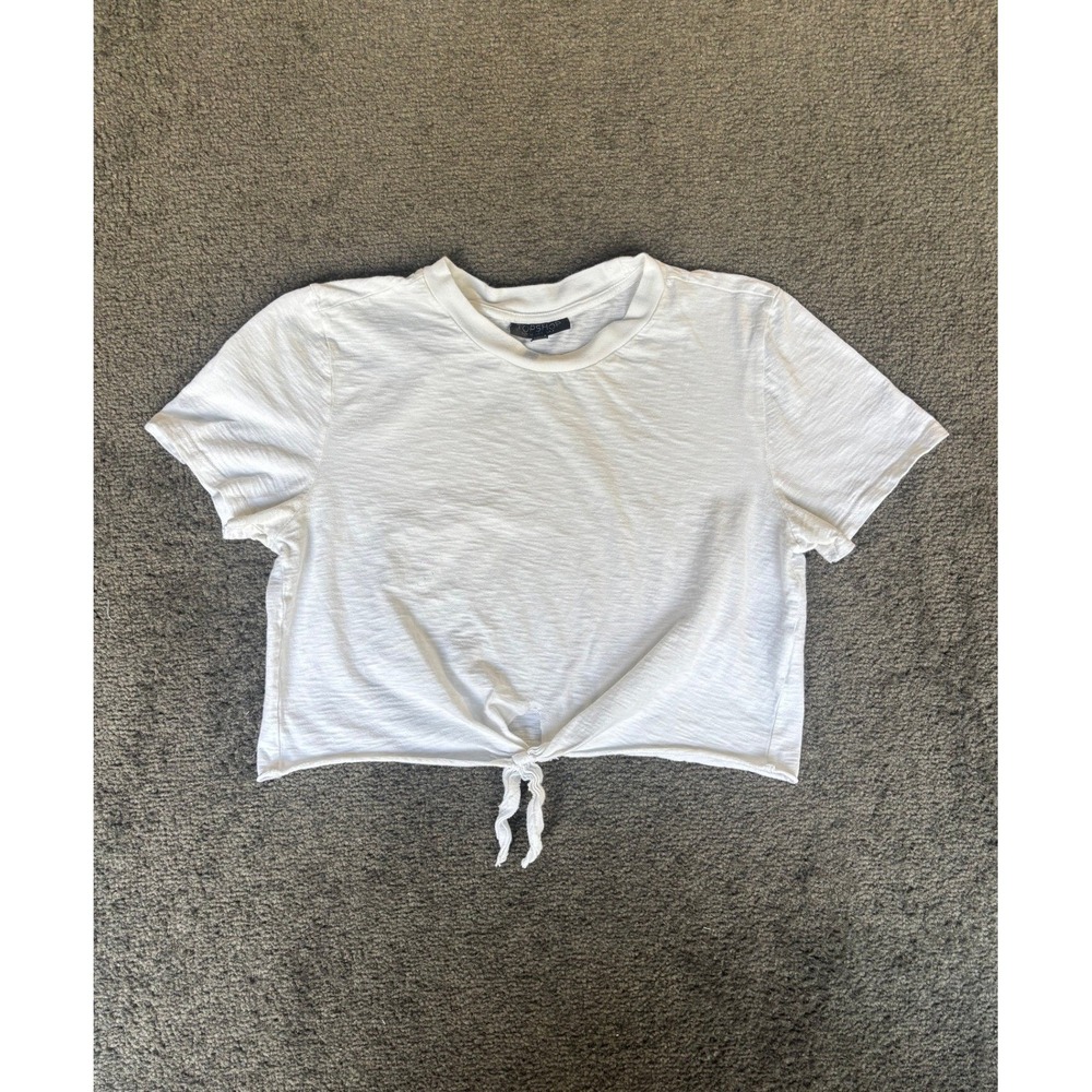 TOPSHOP‎ White Textured Tie Front Cropped T Shirt Size US 2